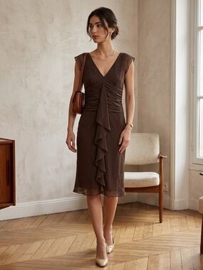 NWOT 100% SILK BCBGMaxAzria Brown Sheath Midi Dress V-Neck Sleeveless Size 2